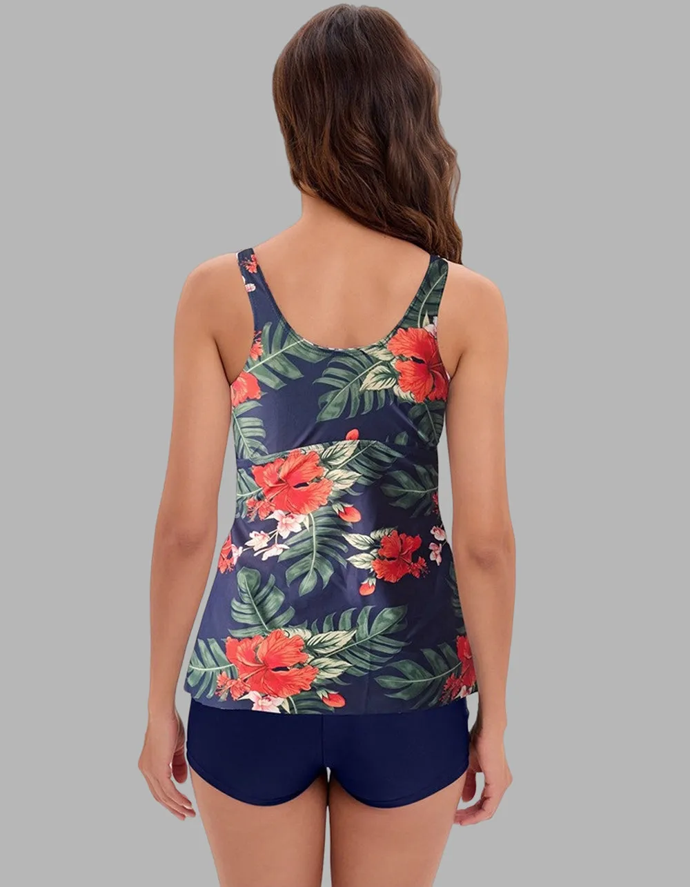 Plant Print Solid-color Two-piece Bikini Boxer Briefs Swimwear Sets